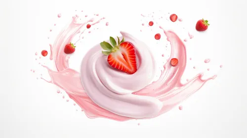 Crema aireada decorada con fresas frescas y gotas de puré
