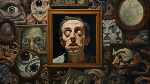 Image of numerous anxious faces and eyes on a wall