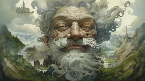 Portrait of an elderly man with a white beard, surrounded by mountains and castles