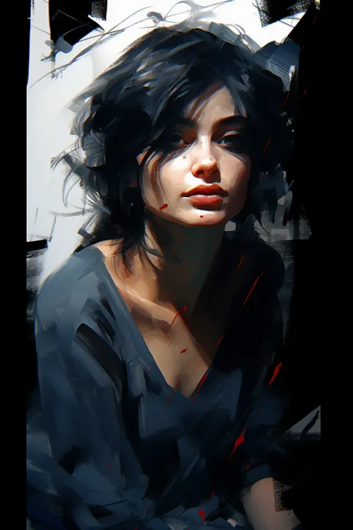 Imagen de una mujer con cabello oscuro y un rostro expresivo en un estilo artístico