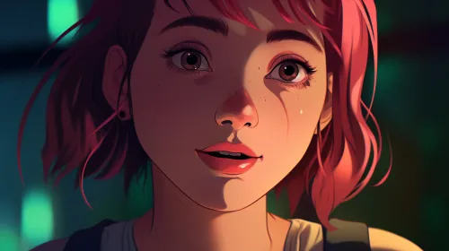 Retrato animado de una chica con cabello rosa y ojos expresivos ante un fondo de luces de neón