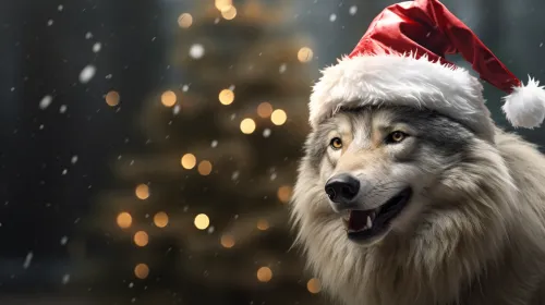 Charming wolf in a red hat against a backdrop of a New Year's tree