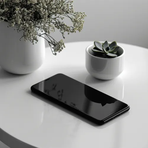 Interior moderno con un smartphone negro y plantas verdes en macetas