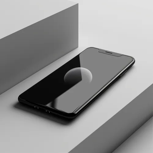 Teléfono inteligente con pantalla negra sobre un fondo abstracto claro