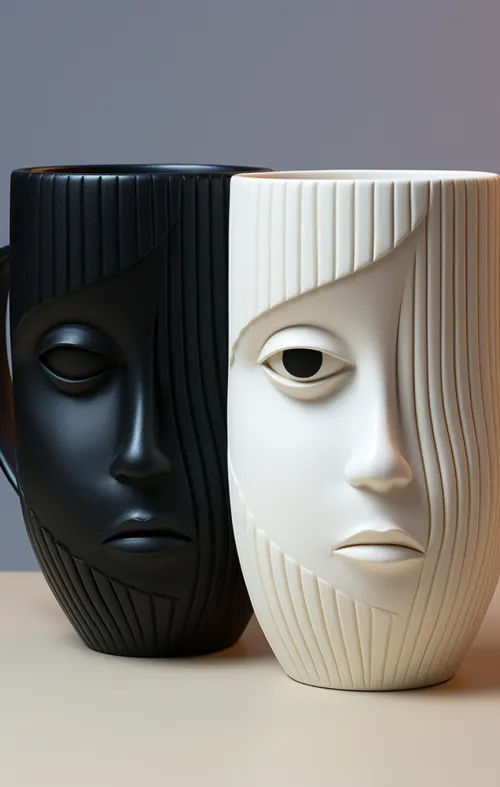 Dos tazas de color negro y blanco con rostros en relieve