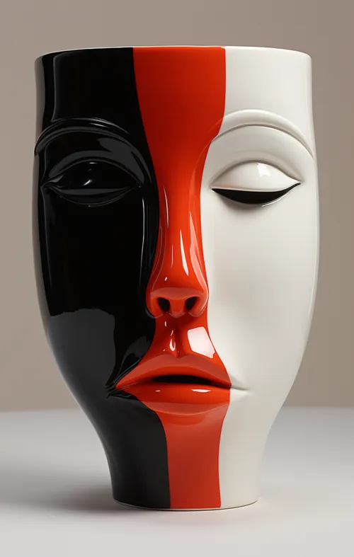 Jarrón decorativo con forma de cara y acentos en blanco y negro y rojo