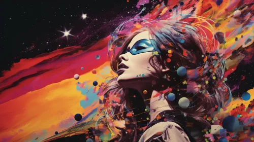 Female figure against a background of cosmic elements and bright colors