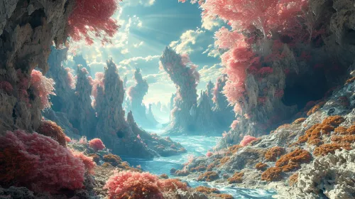 Captivating view of an unusual landscape featuring bright plants and light effects