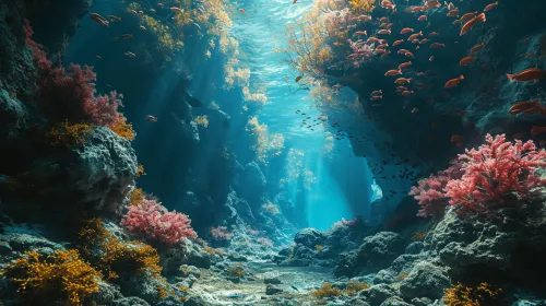 Paisaje submarino pintoresco con corales y peces nadando