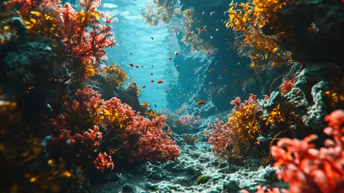 Colorful image of the underwater world with coral reefs and fish