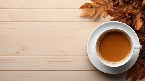 Taza blanca con café sobre un fondo de madera clara y hojas de otoño