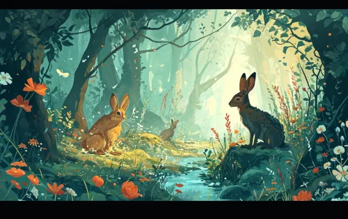 Conejos descansando en un pintoresco entorno forestal entre flores