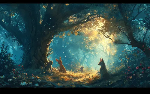 Paisaje del bosque de cuentos de hadas con animales y rayos de sol