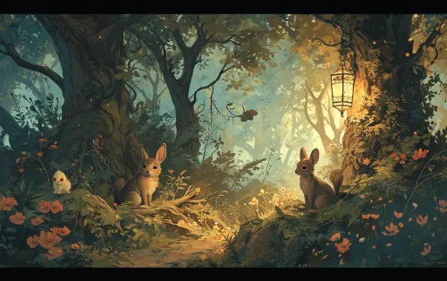 Bosque brumoso, conejos y farol decorativo en un verde brillante