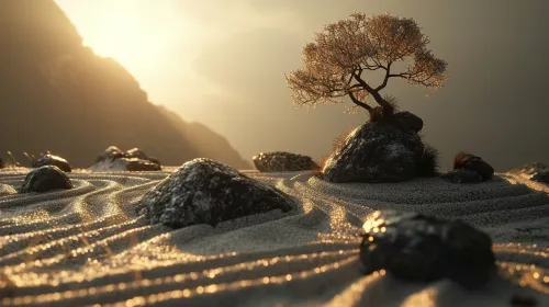 Paisaje sereno con un árbol en la orilla rocosa bajo los rayos del atardecer