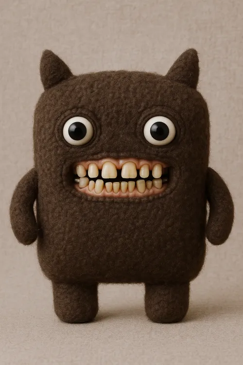 Plush character with big eyes and teeth