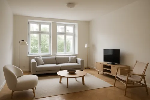 Living room with comfortable furniture and large, sunlit windows