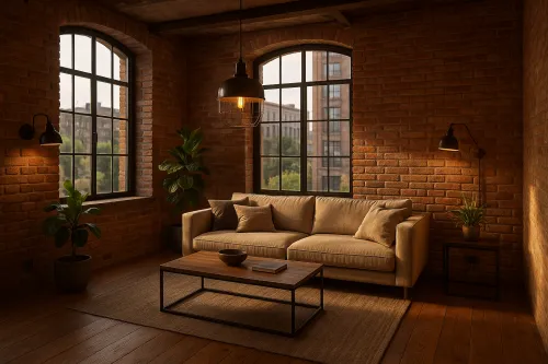 Interior of a cozy room with brick walls and stylish furniture