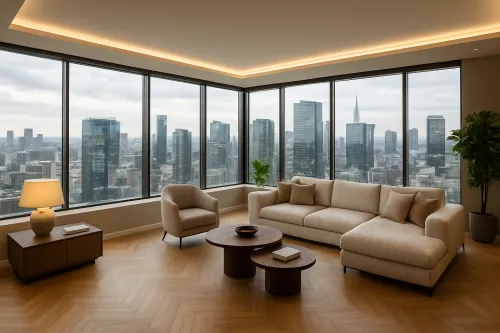 Stylish room with floor-to-ceiling windows and a cityscape