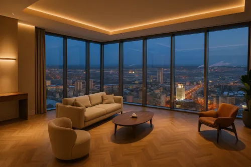 Comfortable living room with large windows and stylish furniture