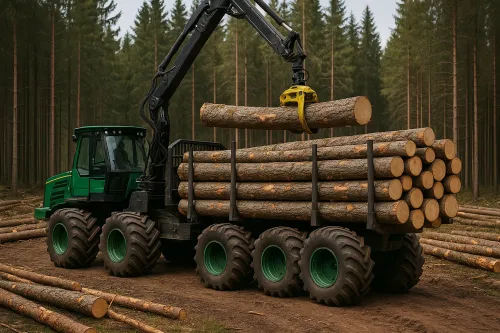Crawler tractor loading logs in the forest