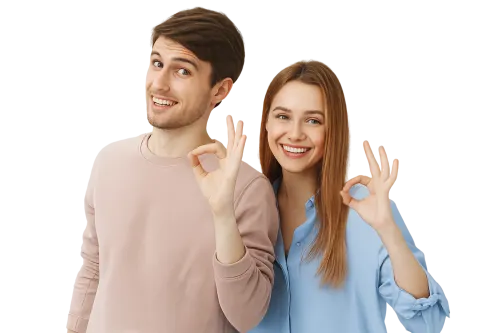A man and a woman are making an 'OK' gesture with smiles on their faces