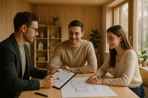 Three people discussing architectural drawings in a wooden room