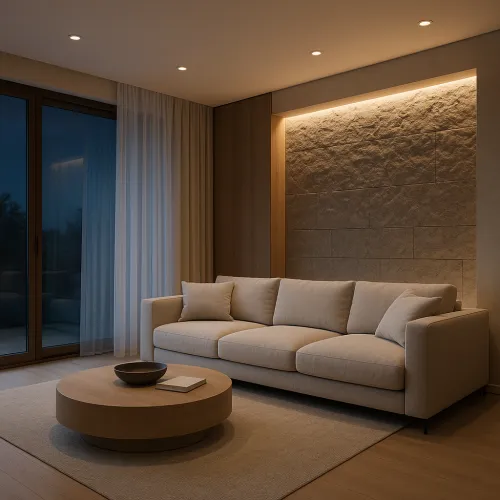 Cozy living room with a sofa, round table, and large window