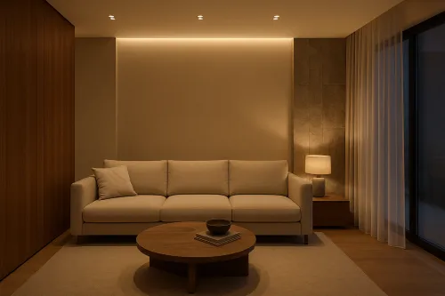 Acogedora sala de estar con sofá, mesa y lámpara en estilo moderno