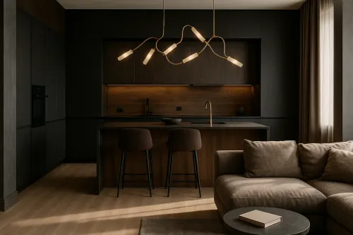 Contemporary Kitchen with Cozy Lighting and Elegant Furnishings