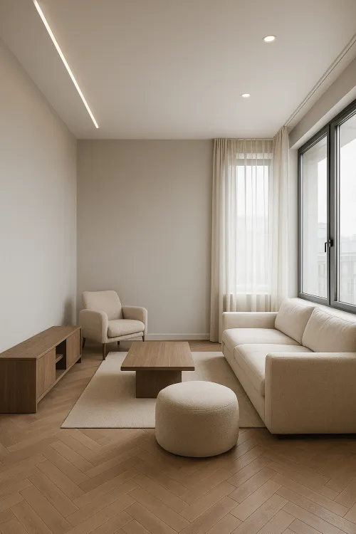 Modern living room with soft furniture and wooden interior elements
