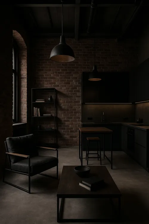 Interior of an ultra-modern kitchen with brick walls and dark furniture
