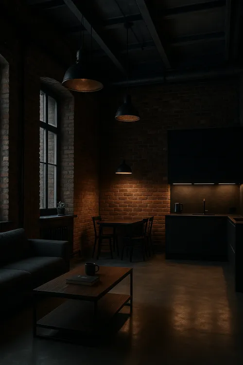 Loft-style kitchen with brick walls and soft lighting