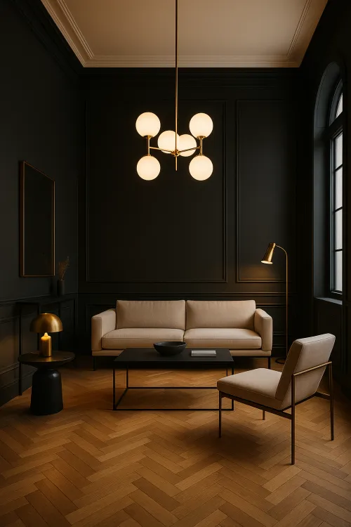 Living room with elegant furniture and stylish accessories in dark tones