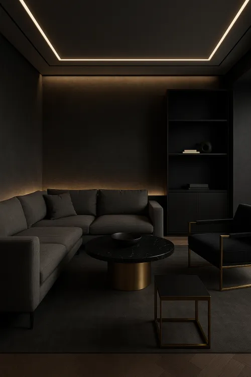 Room interior with dark furniture and soft lighting