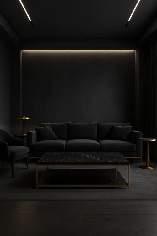 Espacio elegante en negro con muebles minimalistas y iluminación