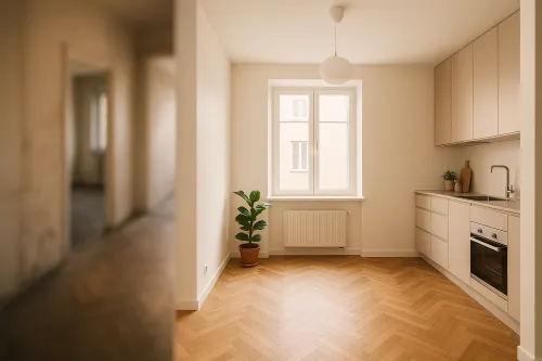Kitchen in light tones, with a window and green plants on the windowsill