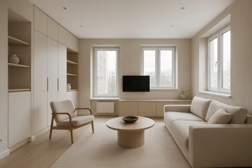 Living room with soft furniture and stylish shelves in a minimalist design
