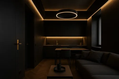 Elegant kitchen with black minimalist lighting