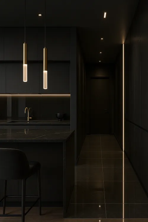 Modern kitchen with black walls and stylish lighting
