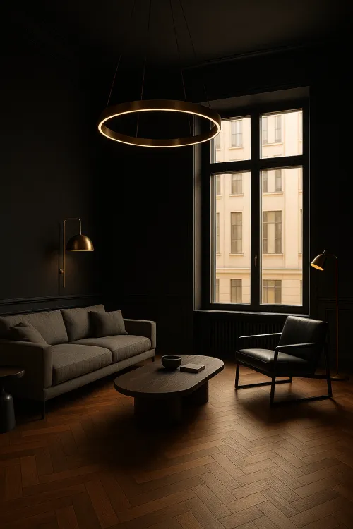 Living room with dark walls, stylish furniture, and a cozy atmosphere
