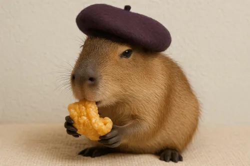 Capybara in a purple beret holding a snack in its paws