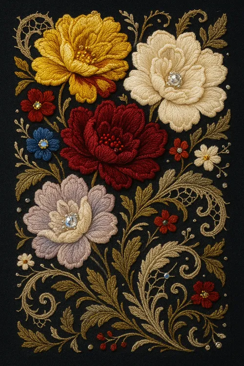 Beautiful embroidery of flowers with added sparkling elements