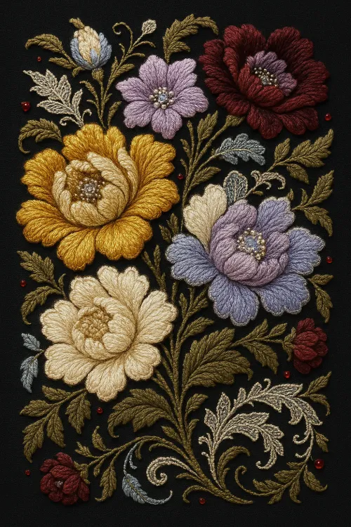 Bright flowers embroidered on black fabric make each element expressive.