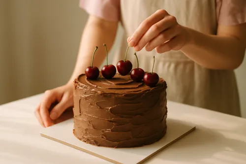 Decorating the chocolate cake with fresh cherries on the table