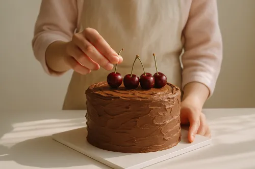 A girl decorates a chocolate cake with fresh cherries.