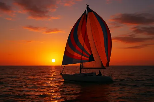 A yacht with multicolored sails gliding against the backdrop of the sunset