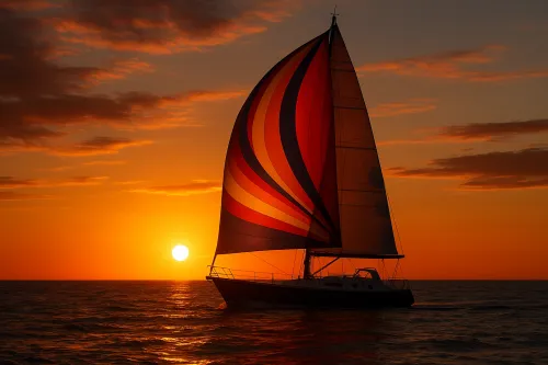 Silhouette of a yacht with a red sail against the setting sun