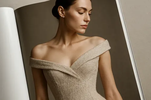 Woman in an elegant off-shoulder dress against a magazine backdrop