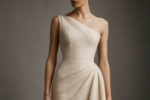 Model in a stylish wedding dress with pleats on the skirt